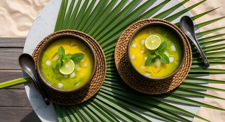 Summer Refreshment: Tropical Soup Served On Beachside, Culinary Delights, Flavorsome