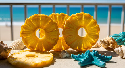 Summer treats: pineapple slices with seashells on the beach, tropical vacation