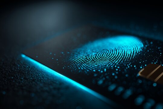 Futuristic credit card security featuring a glowing blue fingerprint scan, emphasizing secure financial technology and biometric identification for online banking and digital transactions.