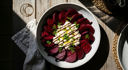 Vibrant Beetroot Salad with Cheese and Herbs on a Rustic Wooden Table