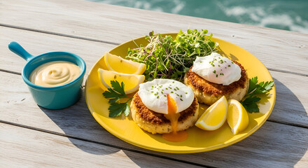 Sumptuous Plated Meal With Poached Eggs, Lemon Wedges, And Creamy Sauce Appealingly Presented
