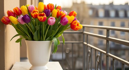 Vibrant tulip bouquet in white vase on balcony with city view