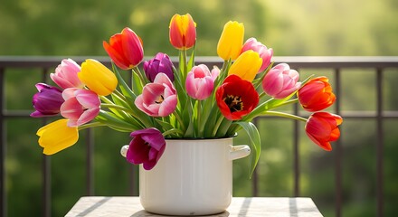 Vibrant tulip bouquet in white vase against a blurred green background