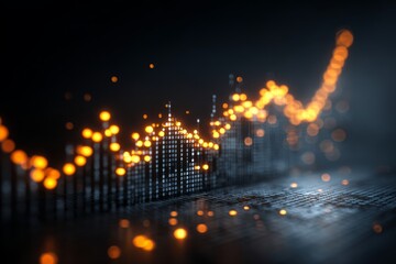 Abstract financial chart with uptrend line graph in glowing gold, depicting stock market or business growth on dark background with dot matrix pattern.