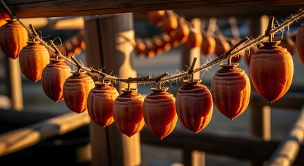 Sun-Drenched Dried Fruit Display Hanging in a Farmstead Setting with Golden Illumination
