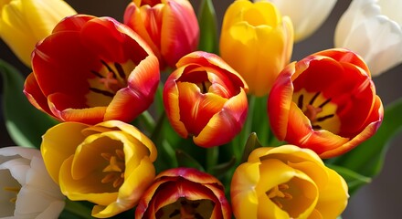 Vibrant tulip bouquet overhead view of colorful blossoms in full bloom