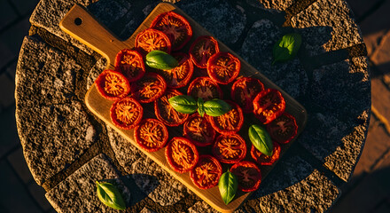 Sun-dried tomatoes with basil leaves on a wooden cutting board, close-up shot