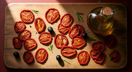 Sun-dried tomatoes with olive oil and olives on a wooden board ready to eat