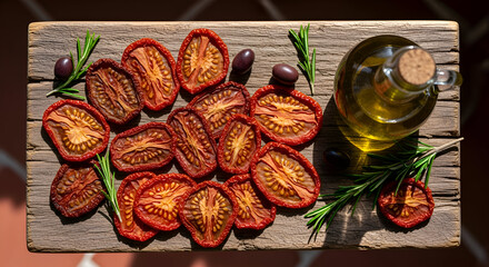 Sun-dried tomatoes with olive oil, rosemary, and olives presented on a wooden board