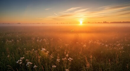 Naklejka premium A breathtaking sunrise over a misty meadow, casting a warm golden glow on the wildflowers and grass.