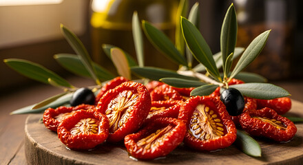 Sun-dried tomatoes with olives on a wooden board with olive branch for gourmet appetizer
