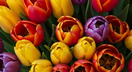 Vibrant tulips closeup showcases colorful petals for spring floral designs