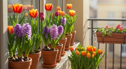Vibrant tulips and hyacinths in terracotta pots on a sunny windowsill