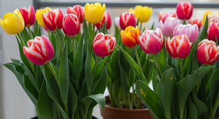 Vibrant tulips display with various colors and textures for spring season