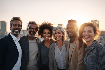 Diverse smiling team of professionals on a rooftop at sunset - confident coworkers celebrating collaboration, leadership and urban success