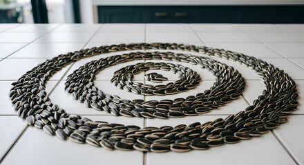 Sunflower Seeds Arranged in a Spiral Pattern on a White Tiled Surface