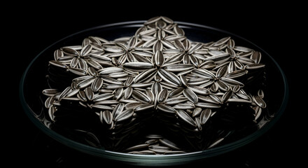 Sunflower Seeds Arranged Intricately To Form A Star Shape On A Clear Glass