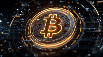 AI-generated image of a glowing Bitcoin symbol surrounded by futuristic digital circuitry, representing blockchain, cryptocurrency technology, and digital finance innovation.