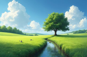 Obraz premium Green meadow with stream running through. Ducks swim in water. Rich tree stands beside stream. Fluffy white clouds in blue sky. Rolling hills, trees in background. Peaceful landscape. Serene natural