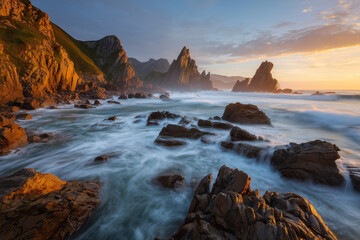 Obraz premium Golden sunrise over jagged coastal cliffs and rocky shoreline, long-exposure misty waves flowing around sea stacks and rugged rocks