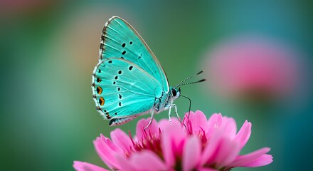 Vibrant turquoise butterfly perched on pink flower against blurred background