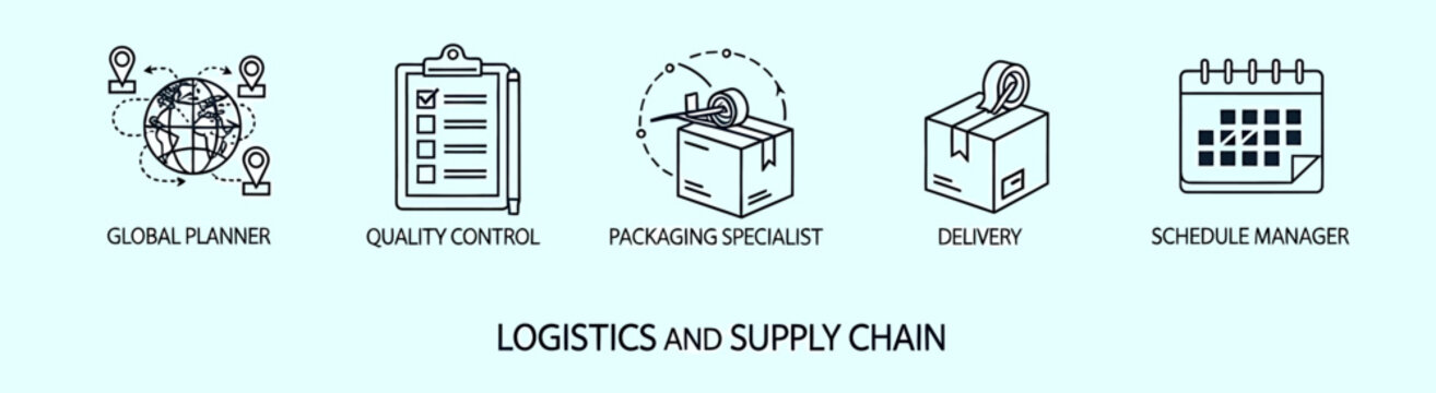Five linear icons representing logistics and supply chain roles against a light blue background