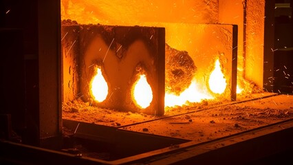 Molten Metal Flow in Industrial Furnace with Bright Orange Flames and Sparks