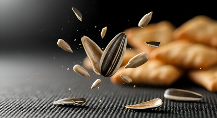 Sunflower seeds exploding with crackers creative, food photography in a dark background