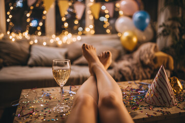Cozy at-home celebration: relaxed legs up on coffee table with glass of champagne, confetti, party hat and warm fairy lights for a festive evening