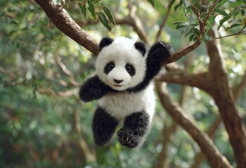 Obraz premium Adorable panda cub hanging playfully from a tree branch, set against a blurred forest backdrop