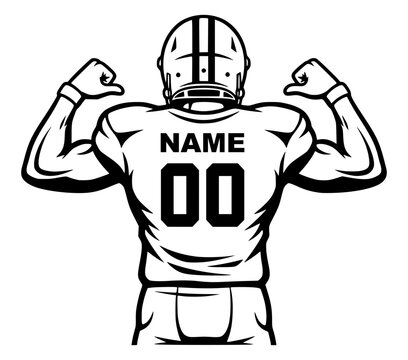 American Football Player Flexing Muscles Back View Line Art Template, Strong Athlete, Customizable Jersey