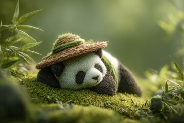Adorable panda in a straw hat, nestled among lush green foliage, taking a nap