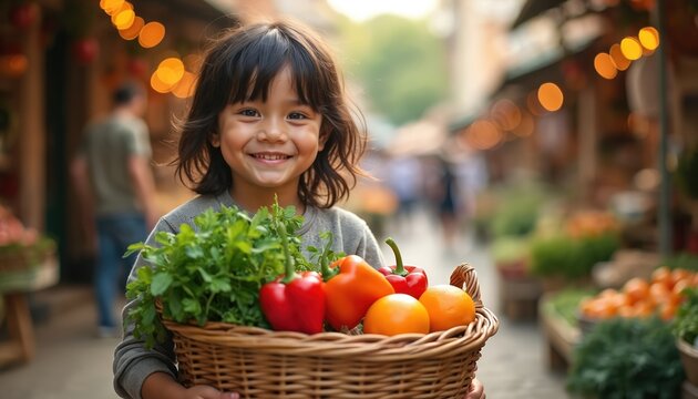Young child smiles. Kid holds basket filled with healthy fresh produce. Fruits vegetables. Child enjoys shopping at farmers market. Happy kid with oranges peppers. - Powered by Adobe