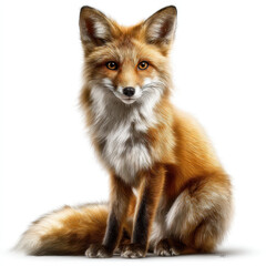 Obraz premium Red fox sitting with fluffy tail, alert expression, detailed fur texture, isolated on white background, natural wildlife beauty