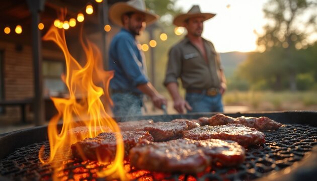 Two men with cowboy hats cooks grilled meat over open fire. Sunset backyard party with western style food preparation. Social gathering with country music. Delicious juicy steaks on BBQ. - Powered by Adobe