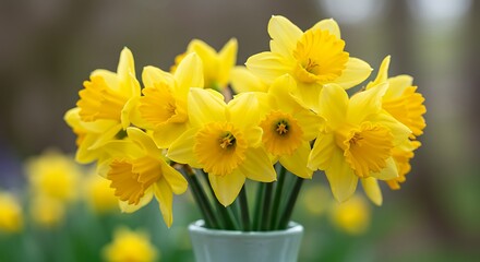 Vibrant yellow daffodils in full bloom against a blurred natural background