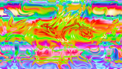 Abstract psychedelic glitch waves with neon colors, distorted digital fluid texture and VHS scanline effect