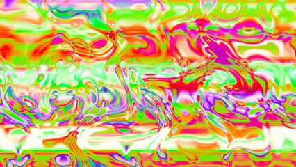 Abstract psychedelic glitch waves with neon colors, distorted digital fluid texture and VHS scanline effect