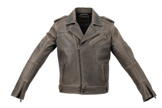 Distressed brown leather biker jacket, asymmetrical zipper, long sleeves, isolated on transparent background. background removed