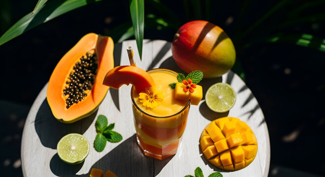 Vibrant Tropical Smoothie Surrounded By Fresh Exotic Fruits on Sunny Wood Surface