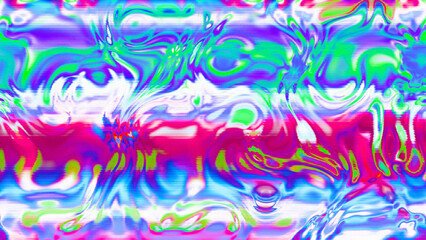 Abstract psychedelic glitch waves with neon colors, distorted digital fluid texture and VHS scanline effect