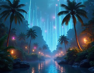 Surreal digital art piece combines tropical jungle environment with futuristic tech elements. Palm trees grow near river. Neon glowing data streams descend from above, reflecting on water surface.