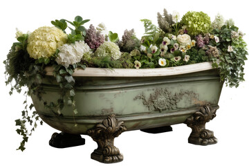 Vintage bathtub planter, white hydrangeas roses lilac pansies ivy cascading foliage, ornate claw feet, sage green weathered finish, repurposed garden container isolated transparent background.