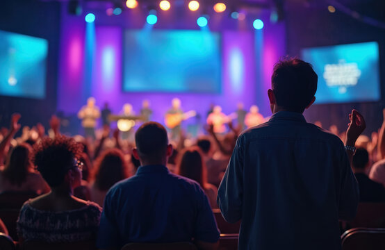 People gather in a brightly lit church sanctuary for a worship service. They sing along with a band on stage, raising hands in praise and prayer, feeling connected.