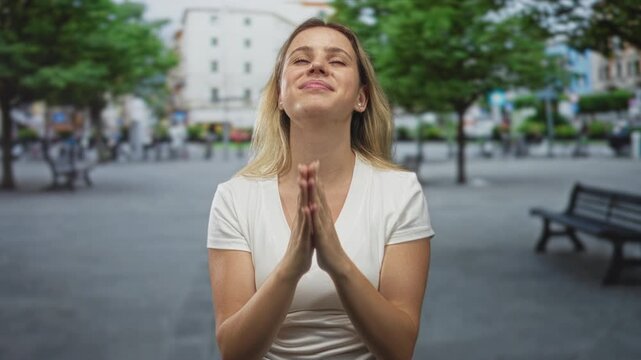 Young blonde woman with hands clasped in prayer, head tilted up, on a busy city street near benches and trees; hope gratitude.