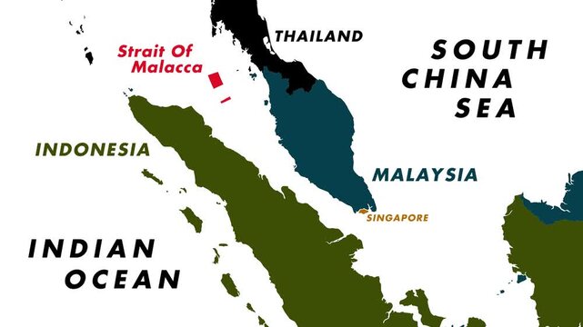4K Map Animation Of Strait Of Malacca Showing Forward Moving Red Dotted Line Route Across Indonesia And Malaysia With Labeled Seas And Countries