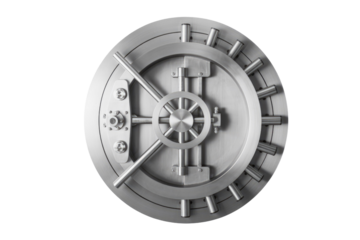 A circular stainless steel bank vault door with a complex locking mechanism. background removed
