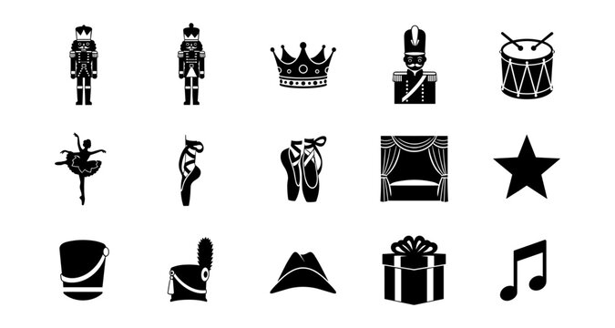 Festive nutcracker and ballet icons in black silhouette style for holiday themes
