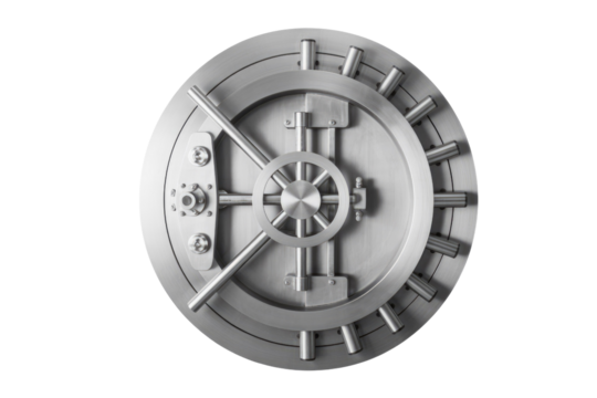 A circular stainless steel bank vault door with a complex locking mechanism. background removed
