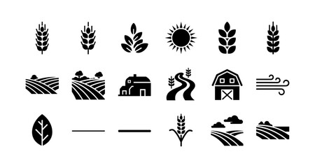 Black silhouette farm and nature icons set: agriculture, rural fields, and farming elements